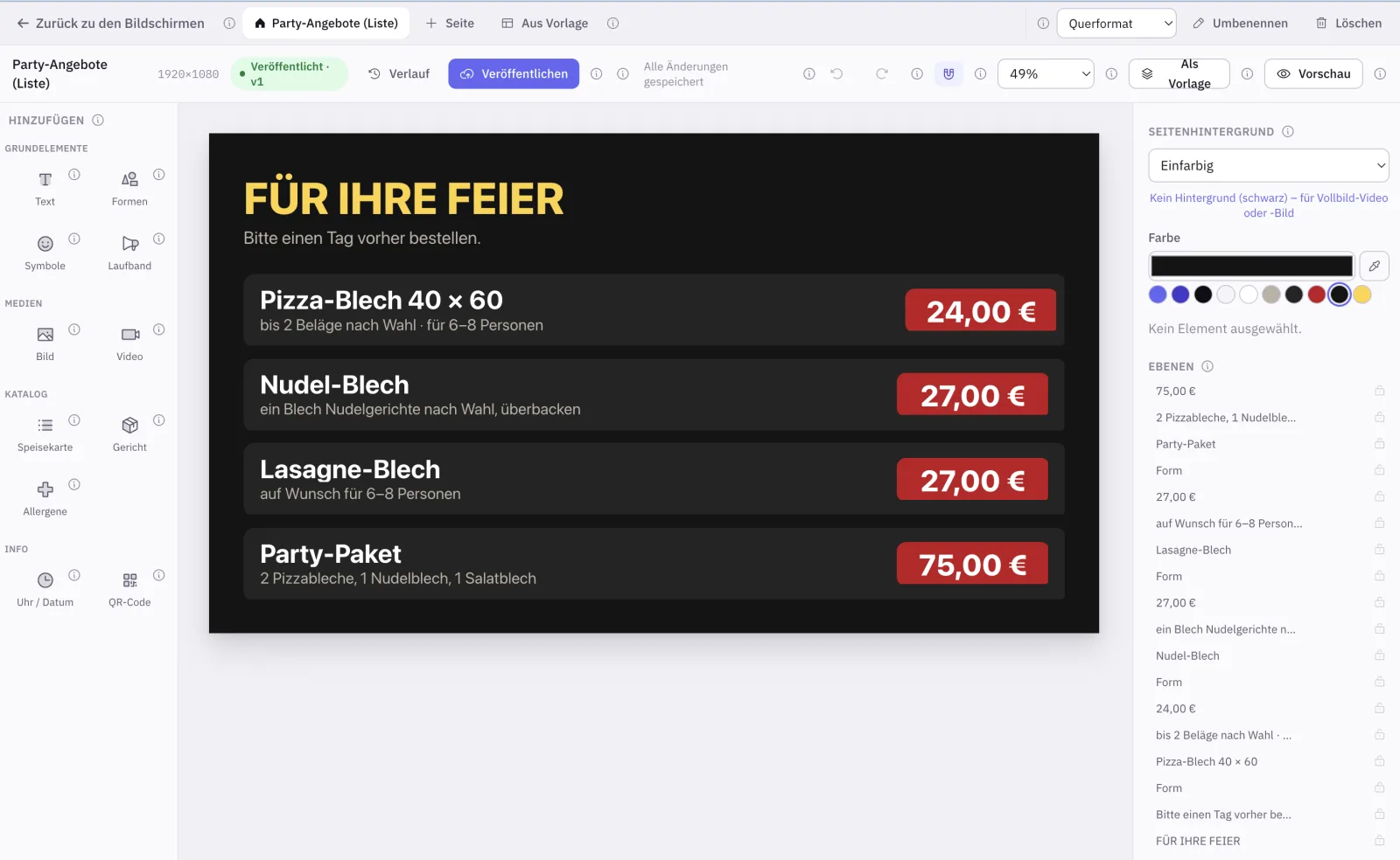 DruckWings Studio: Designer mit Elementen links, Bildschirmseite in der Mitte, Ebenen rechts und Schaltfläche Veröffentlichen oben