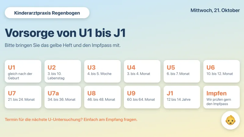 Bildschirm-Vorlage Kinderarztpraxis: Vorsorge von U1 bis J1 mit Zeitpunkten